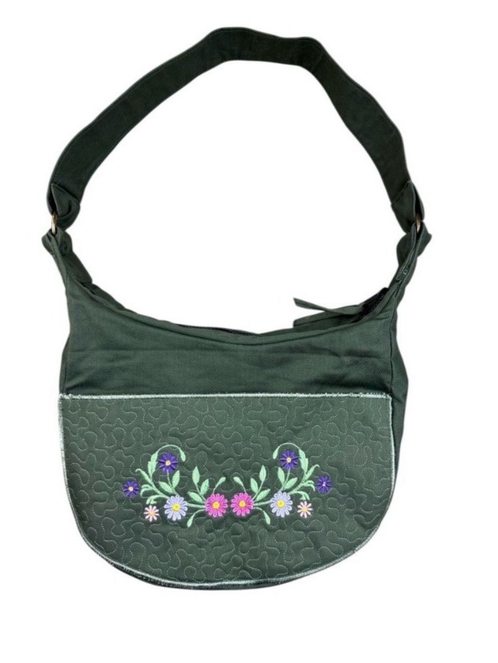 Artisan Green Quilted Shoulder Bag Floral Embroidered Flowers Boho Cottagecore